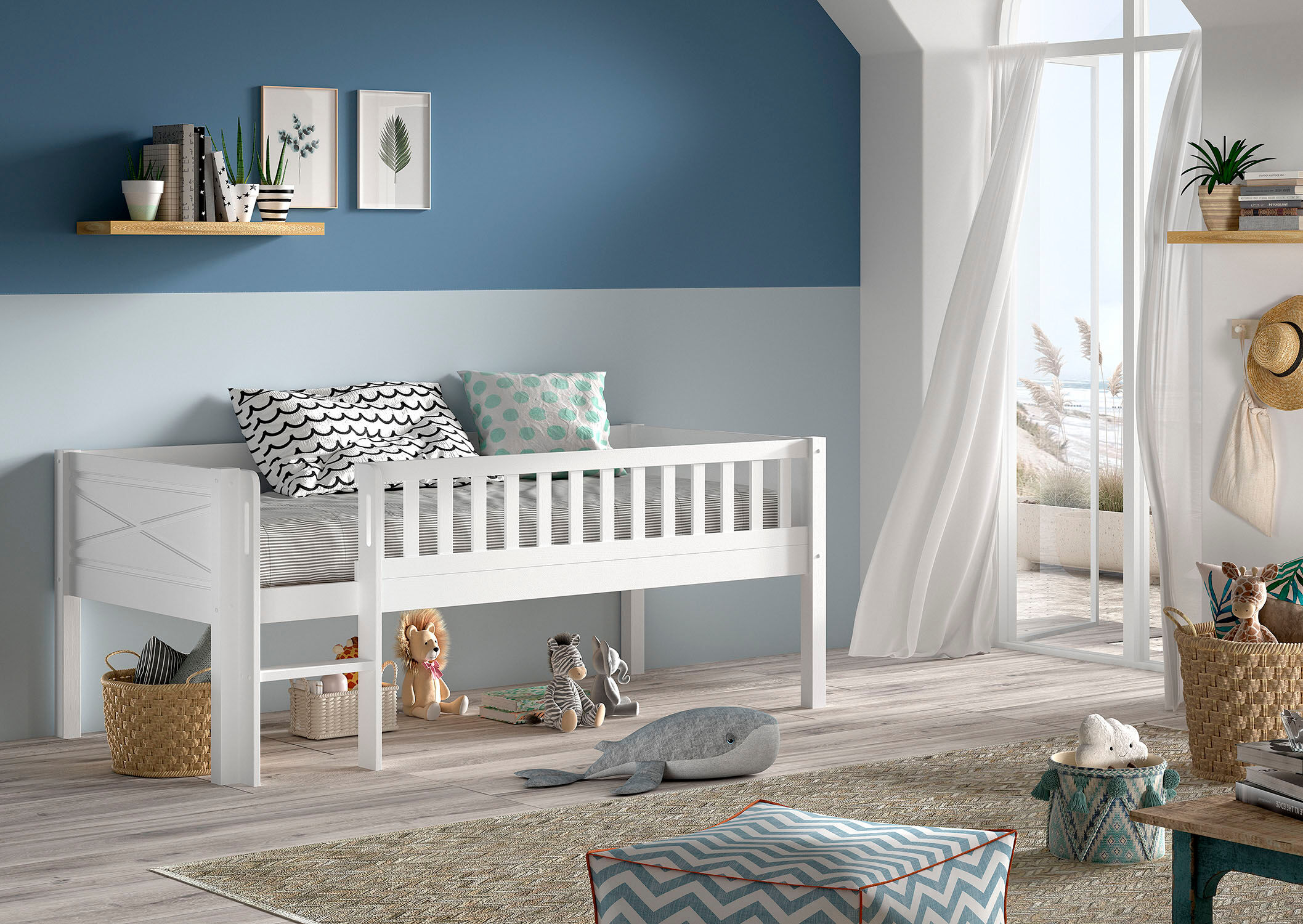 Spielbett VIPACK "Scott mit niedriger Einstiegshöhe, inkl. Leiter und Rolllattenrost", weiss (weiß, weiß, weiß), B:104,7cm H:83cm L:208cm, Betten, Spielbett, in Kiefer massiv, weiss 90x200 cm, wahlweise ohne und mit Rollboxen weiß, weiß, weiß Liegefläche 