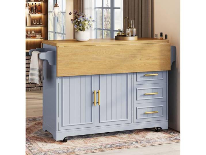 WOVREO Îlot central de cuisine mobile bleu plateau rabattable 3 tiroirs MDF et métal
