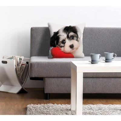 Dekokissen QUEENCE "Vanessa", weiß (weiß, bedruckt), B:40cm L:40cm, Polyester, Dekokissen_Sitzkissen_Kissenhüllen, Kissenhülle,süßer kleiner Hund,Niedlich,Tiermotiv,Charmant,Freundlich