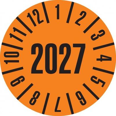 Dreifke® Prüfplakette 2027, orange, Dokumentenfolie, selbstklebend, Ø 25mm, 105/Heft