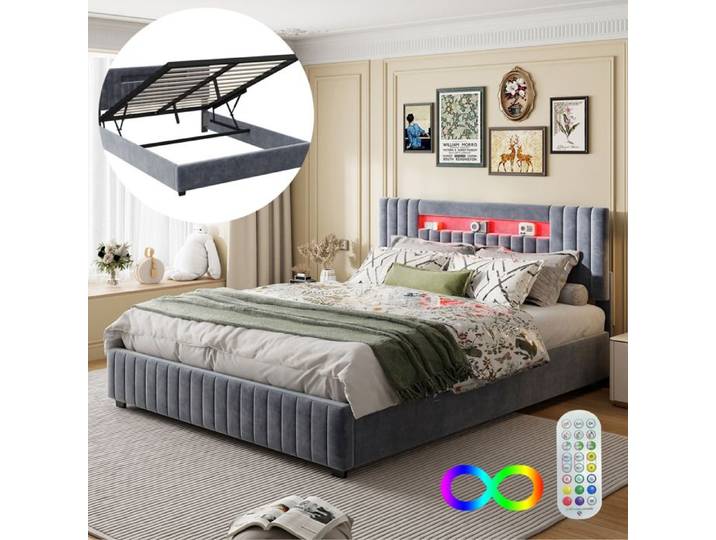 Lit double 160x200cm - LUMINARIX - Lit Coffre 160x200cm avec LED - Velours gris - Design contemporain - 2 places