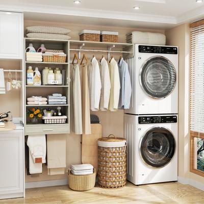 Rackcog 60'' Wall-mounted Closet System with Hanging Rods, Clothing Organizer with Tower Shelves for Laundry Room