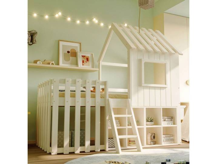COVREO Lit mezzanine enfant 90x200 cm cabane en bois massif avec échelle rangements ouverts blanc