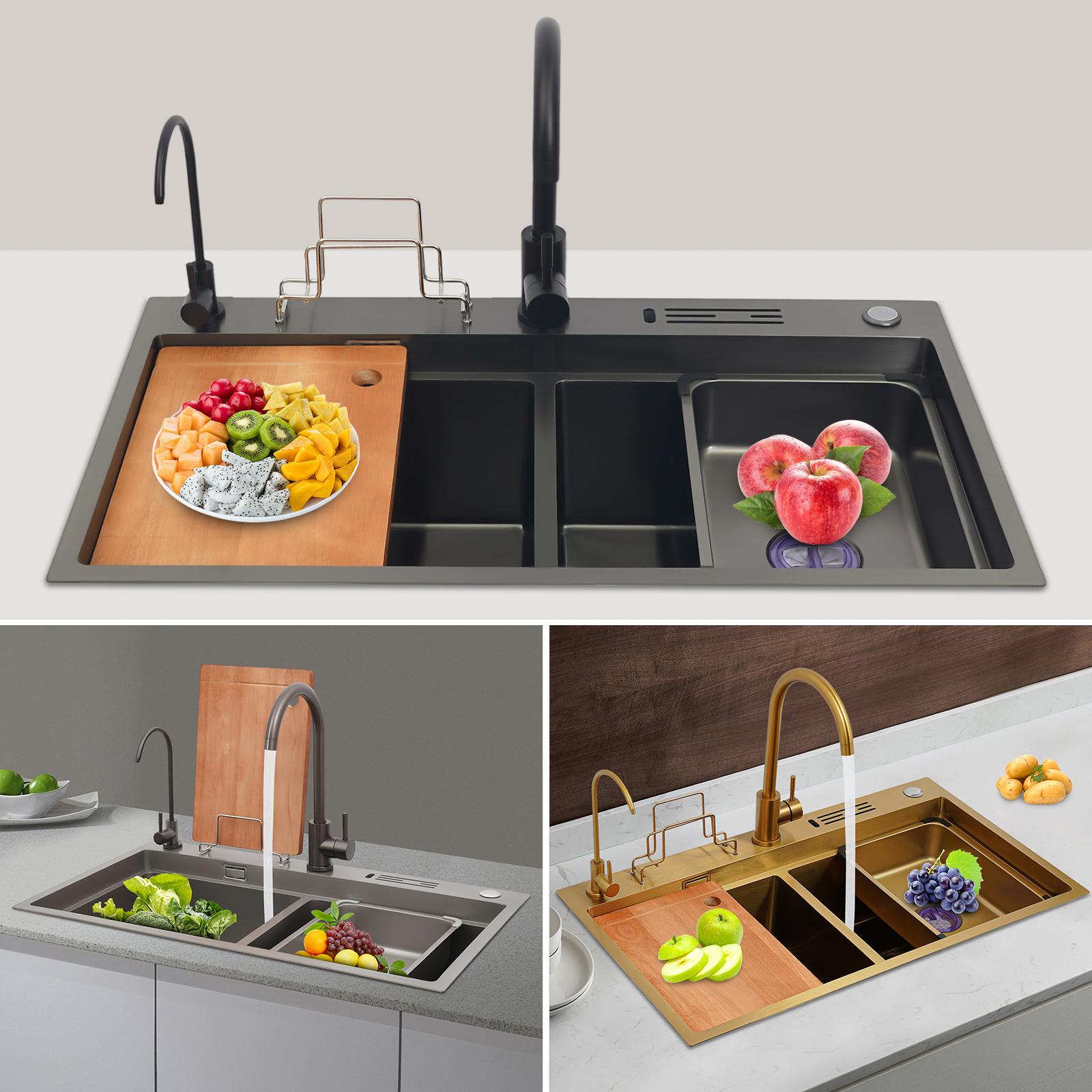Doppelte Spüle für die Küche, 82x46 cm, goldfarben - Edelstahl 304 - rechteckige Form - mit Wasserhahnloch
