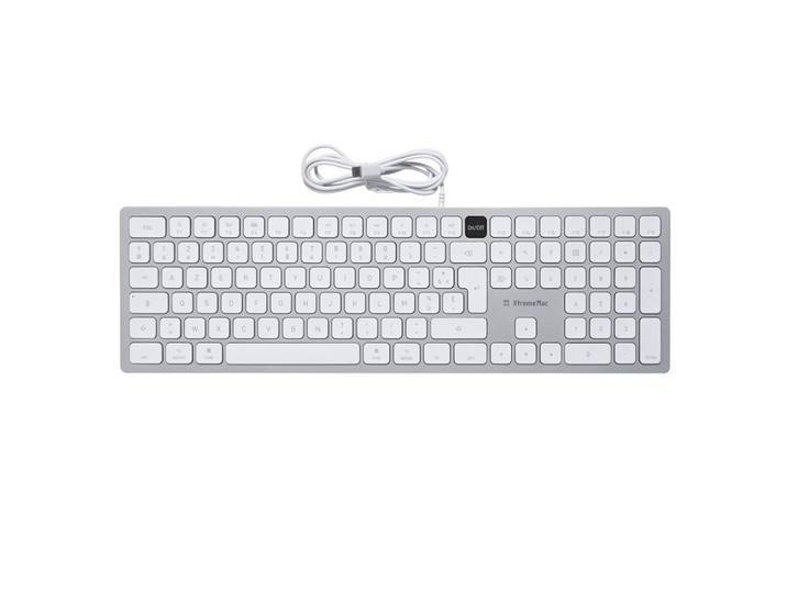 MCL -XtremeMac-Clavier filaire pour Mac avec bouton ON/OFF, Taille réelle (100 %), Avec fil, USB, Clavier à membrane, AZERTY, Argent, Blanc XWH-WIK3-8