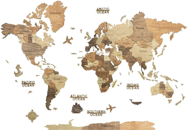 Carte du monde en bois 3D 200 x 140 cm taille XL foncée - Creatif Wood