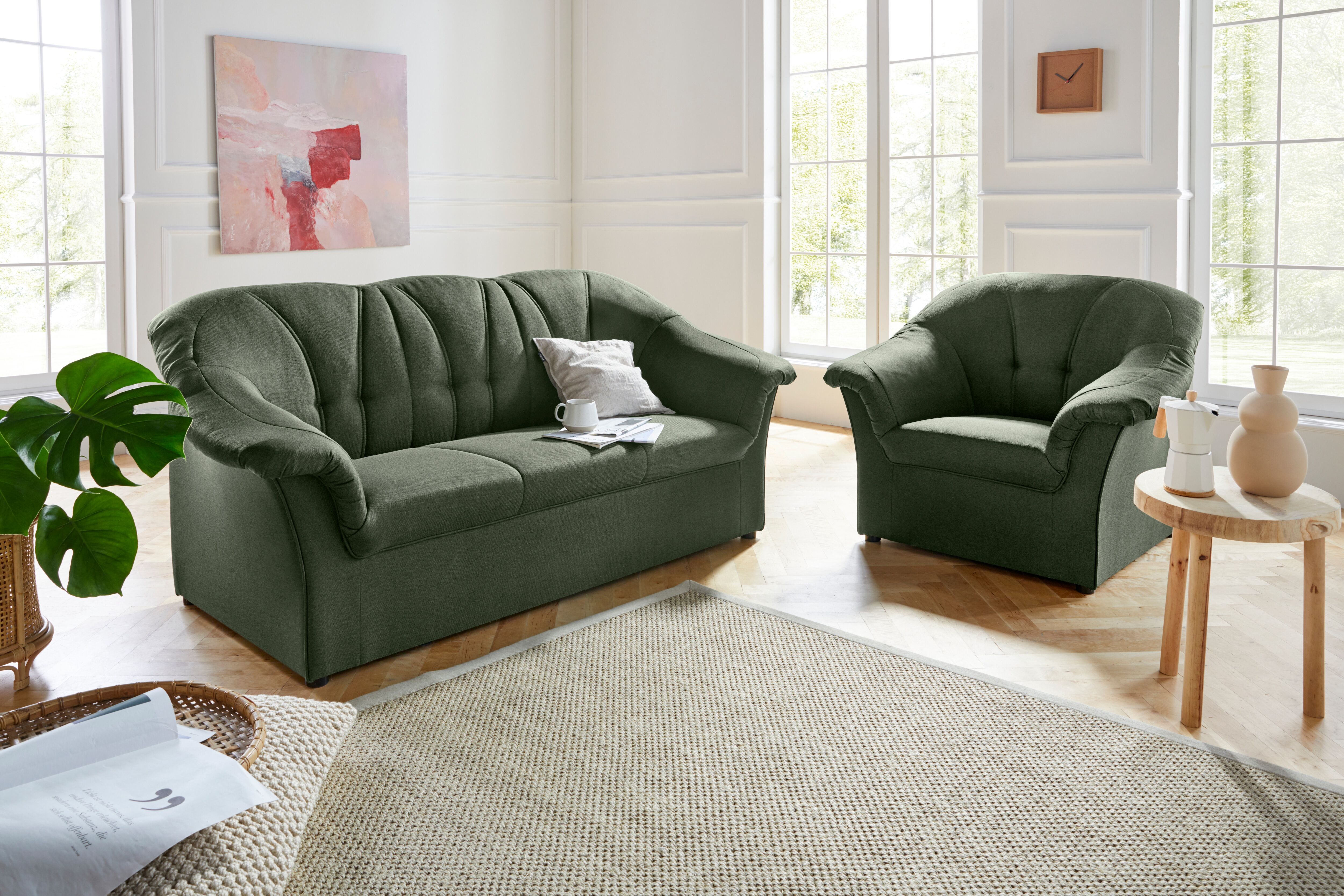 Polstergarnitur DOMO COLLECTION "Pegnitz zeitlos und elegant", grün, Struktur fein, 100% Polyester, Sitzmöbel-Sets, Polstergarnitur, Sessel und 3-Sitzer grün Struktur fein