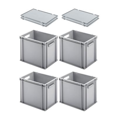 PROREGAL 4x Eurobehälter mit offenem Griff und Scharnierdeckel | HxBxT 32x30x40cm | 29 Liter | Grau | Eurobox