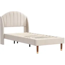 Polsterbett 90x200 aus Samt mit Kopfteil und Lattenrost – zeitloses Design, stabile Struktur, hoher Komfort, Beige