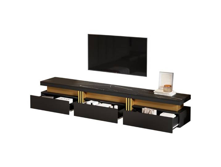 Meuble TV 200x40x42 cm Maisentiel - 3 tiroirs et passe-câbles pour téléviseur jusqu à 90 pouces - Noir