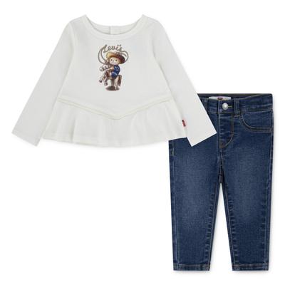 Langarmshirt & Hose LEVI'S KIDS "LVG WESTERN PEPLUM TOP,JEANS", Jungen, Gr. 6M68, weiß (gardenia), Jersey, Obermaterial: 60% Baumwolle, 40% Polyester, bedruckt, KOB Set-Artikel, süßes Denim-Outfit im Western-Style, for Girls