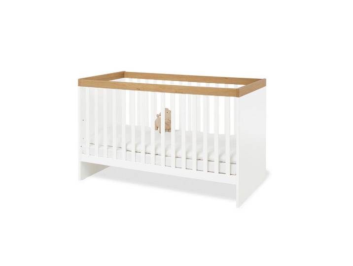 Pinolino Gitterbett Linje, Natur, Weiß, Holz, Eiche, 75 cmx88 cmx144 cm, Lattenrost inklusive, Schlupfsprossen, Babymöbel, Babybetten, Gitterbett
