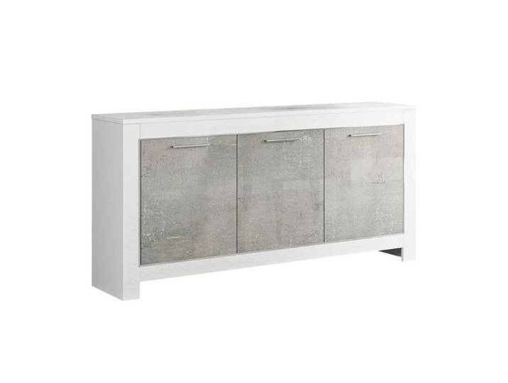 DENAE - Buffet 3 Portes L160cm Laqué Blanc Brillant et Gris Marbré