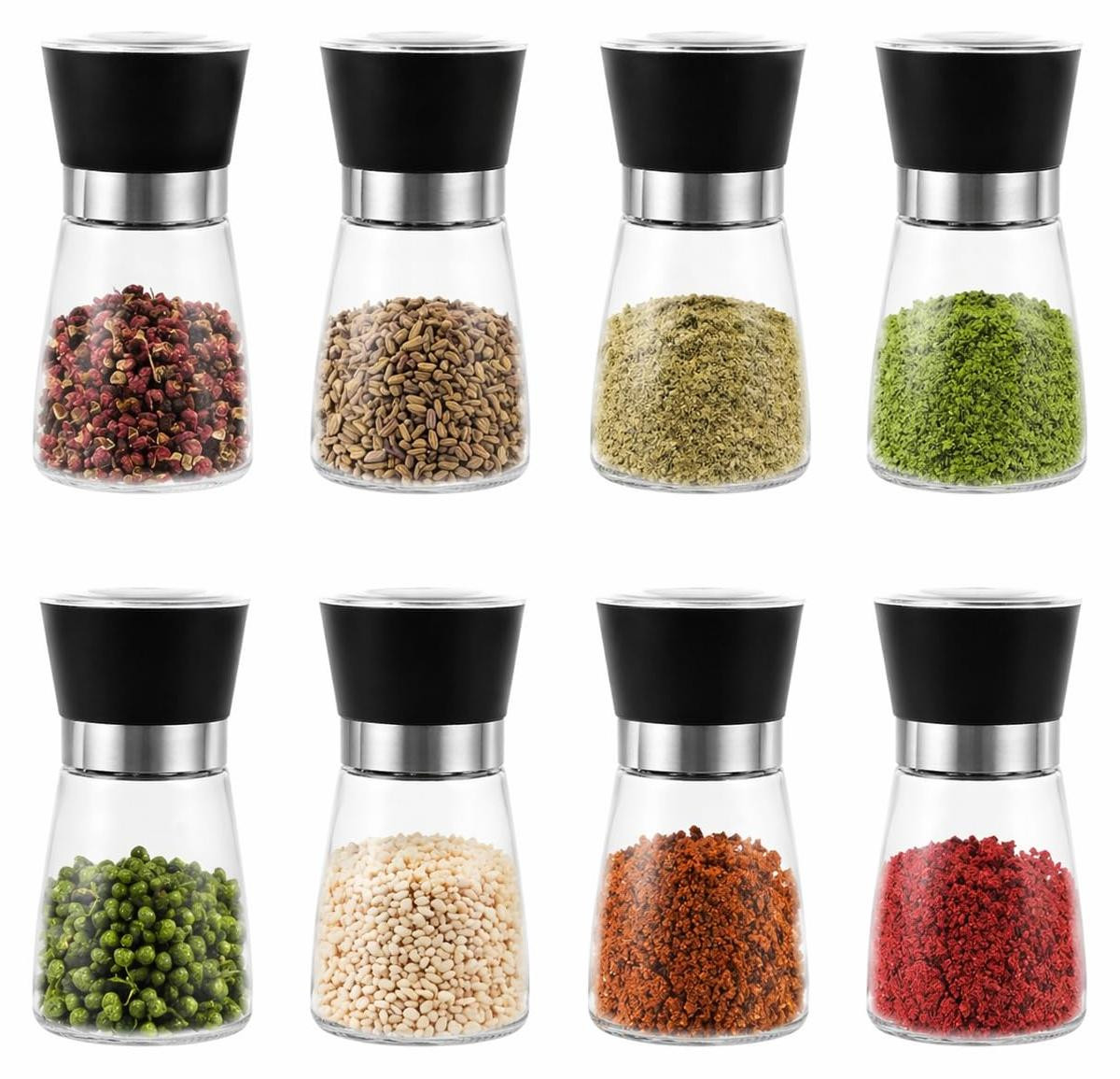 Dripio Kruidenmolen set, 8 stuks, 180 ml, zwart met keramisch maalwerk