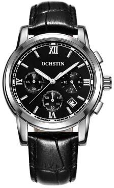 Everyday Crate OCHSTIN 6097B Mens Leather Quartz Watch Waterproof Luminous Business Chronograph silver+black