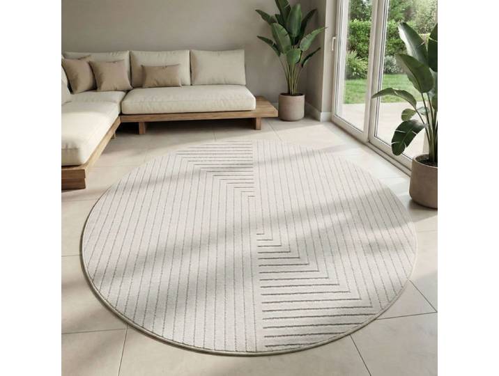 Carpetsale24 tapis rond décoratif Ø 160 cm crème relief 3D motif boho nordique salon chambre terrasse balcon intérieur extérieur