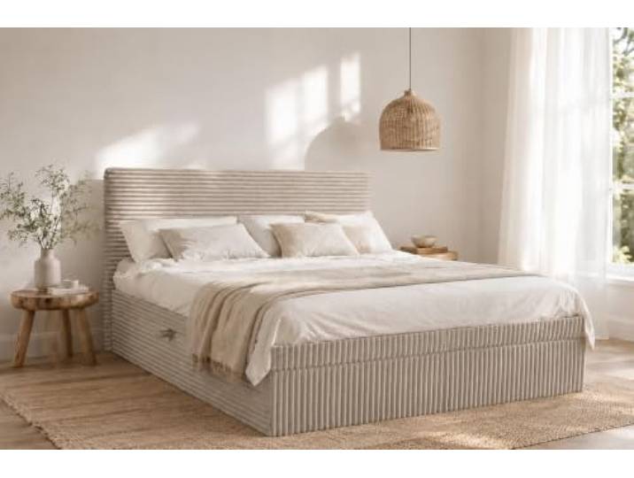 Kaiser Möbel - Bett 180x200 cm, Boxspringbett mit Bettkasten und Topper, Polsterbett für Schlafzimmer, Doppelbett mit Stauraum und Gepolstertes Kopfteil, Toppermatratze aus Viscoschaum - TRENTO - Ecru