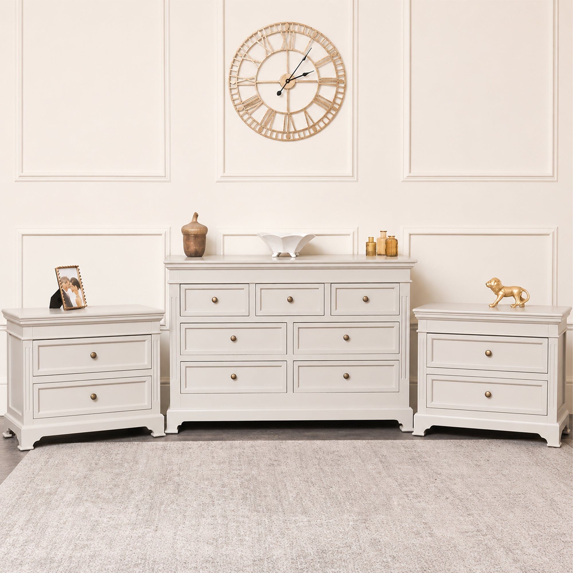 Large Taupe-Grey 7 Drawer Chest of Drawers & Pair of Wide Bedside Tables - Daventry Taupe-Grey Range Wood, Metal