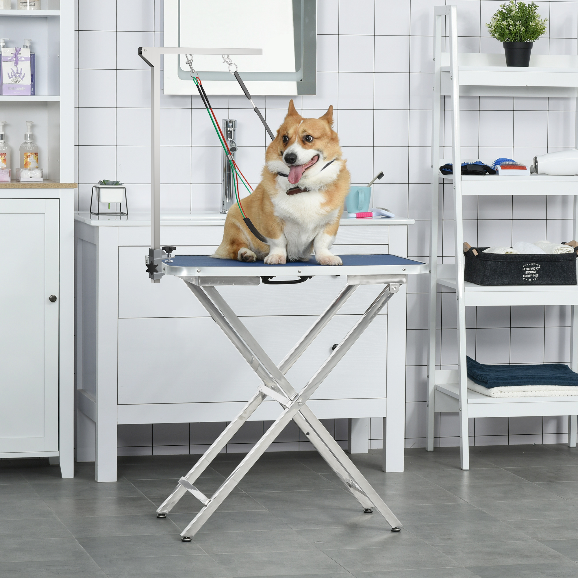 Pawhut Braccio da toelettatura pieghevole per animali domestici in acciaio inossidabile con collarino di fissaggio per cani di taglia grande e piccola altezza regolabile max. 74 cm