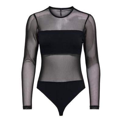 Langarmbody ONLY "ONLMEL L/S BODYSTOCKING CS JRS", Damen, Gr. XS, N-Gr, schwarz, Jersey, Obermaterial: 95% Baumwolle, 5% Elasthan, unifarben, Rundhals, Bodys, Baumwollmischung