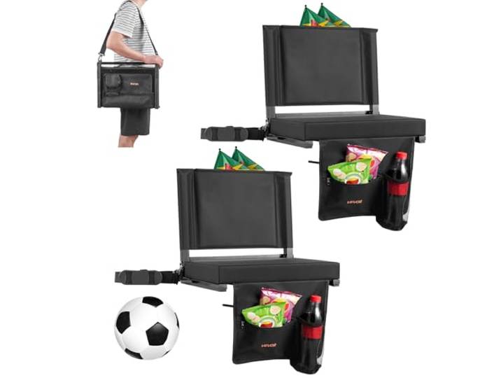 VEVOR Siège de stade pliable\, 2 pcs\, chaise de gradin avec dossier et coussin épais\, chaise de stade rembourré avec bandoulière\, crochets\, porte-gobelet et poche latérale\, pour événement sportif\, noir