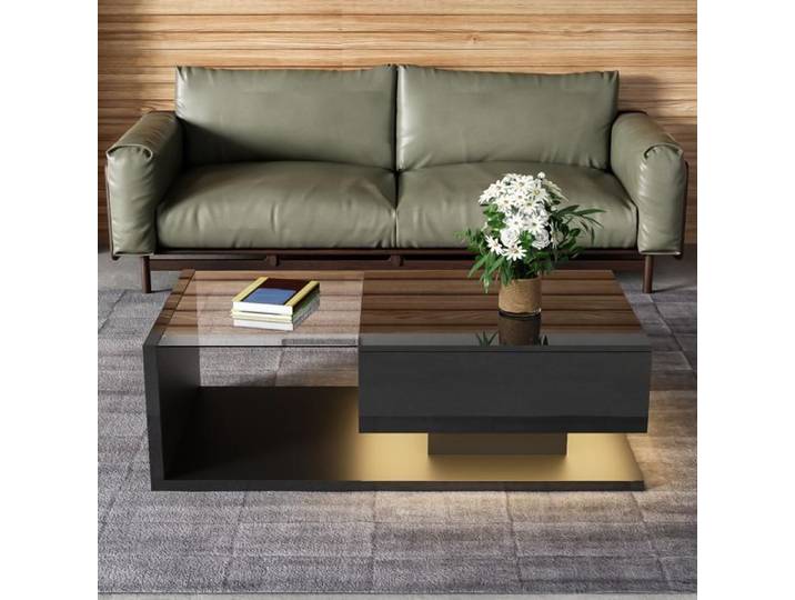Table Basse Table basse noir brillant 105x55x32.5cm avec verre & effet LED - Tables d'appoint design