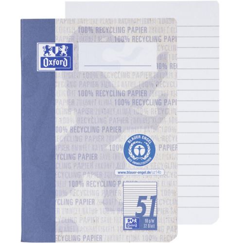 OXFORD Schulhefte Recycling Lineatur 52 liniert DIN A6 ohne Rand, 32 Blatt