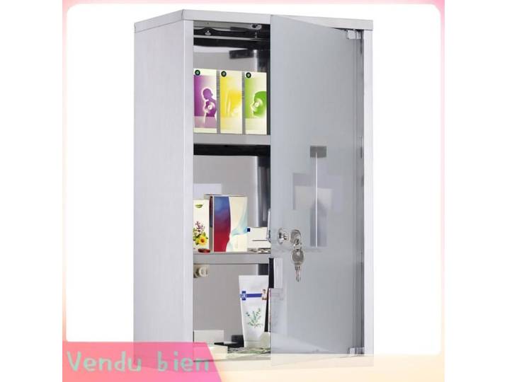 LIA Armoire pharmacie murale 3 niveaux inox porte verre verrouillable 2 clés