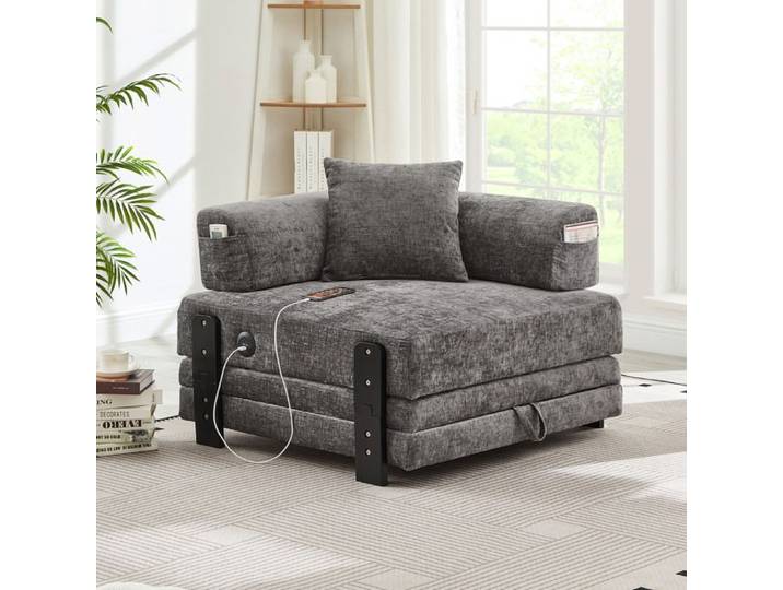Canapé convertible 1 place AESVAR 2 en 1 pliant avec USB et USB-C tissu gris foncé rangement
