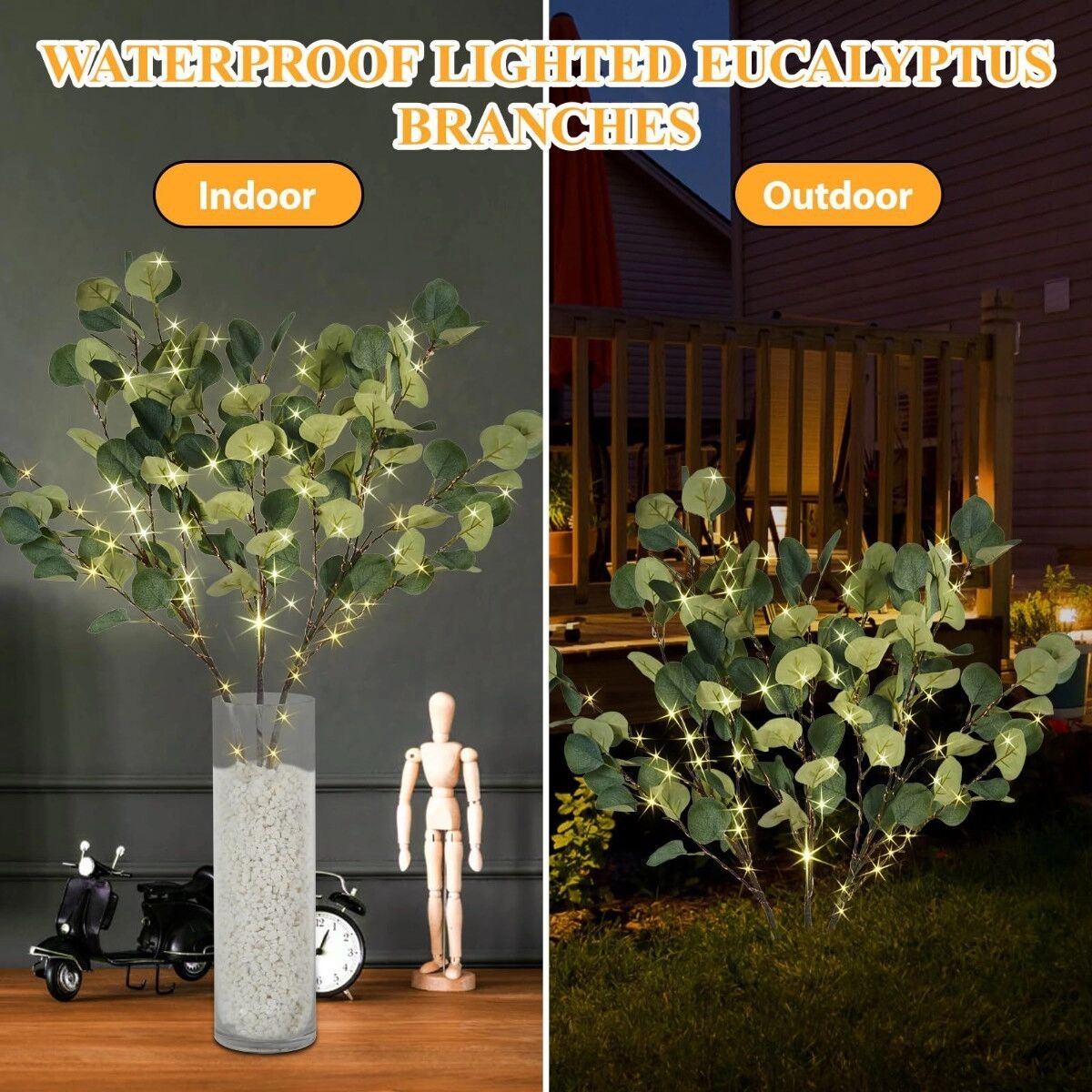 INF LED-Eukalyptus-Zweiglicht mit 36 LEDs, warmweißem Batteriebetrieb und 6-Stunden-Timer für dekorative Beleuchtung
