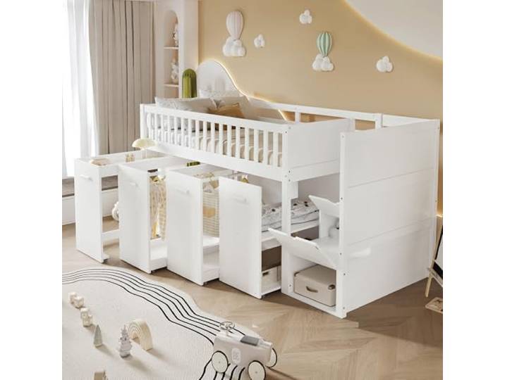 Merax Kinderbett Hochbett 90x200cm, Halbhohes Bett mit Kleiderschrank, Integrierter Schreibtisch, Sicherheitstreppe mit Stauraum, Platzsparendes Holzbett mit Fallschutz & Lattenrost, Jugendbett, Weiß