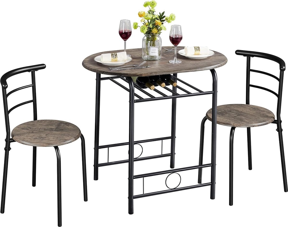 3-delige eetkamergroep met houten eettafel en 2 stoelen in drijfhoutbruin