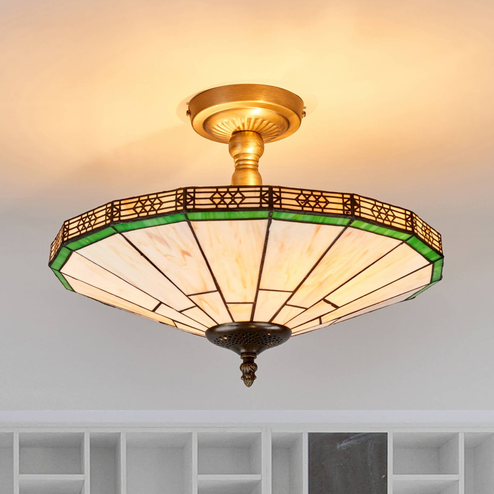 Searchlight Tiffany Plafondlamp New York, Dimbaar, Crème / Amber, Metaal