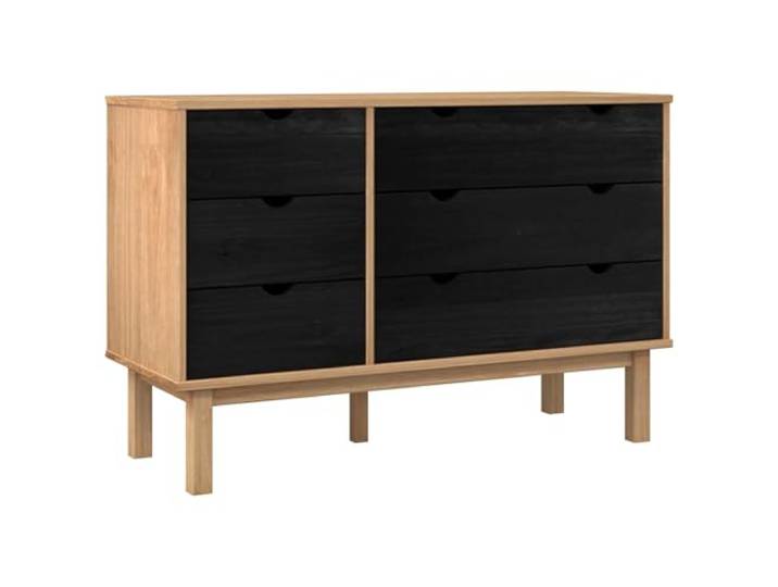 Foknhdi Kommode Massivholz Schwarz Schubladenschrank 111x43x73,5cm Rustikales Sideboard aus Kiefer mit 6 Schubladen und Kippschutz für Wohnzimmer und Flur.