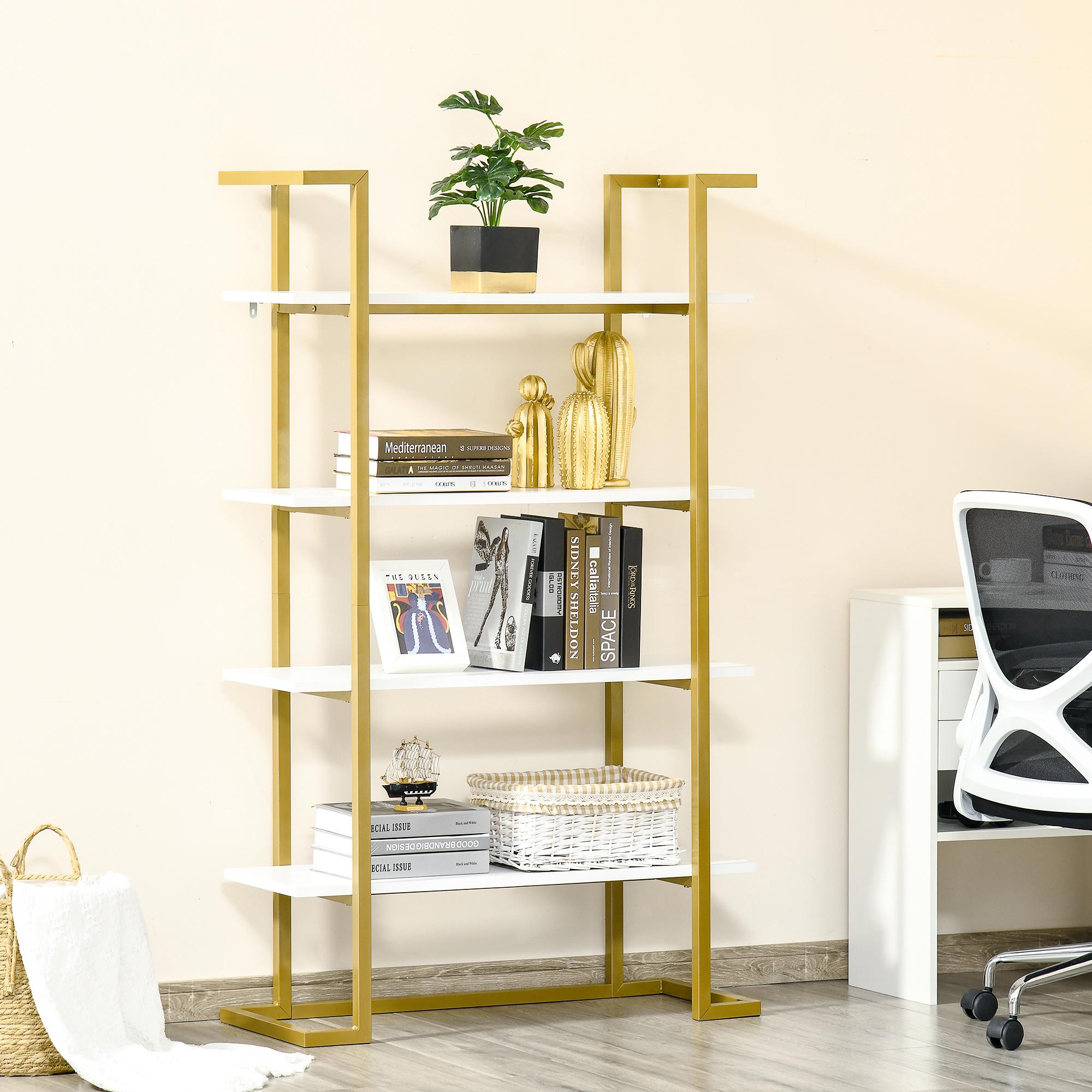 giordanoshop Libreria 4 Ripiani 92x35x152 cm in MDF e Acciaio Bianco e Oro...