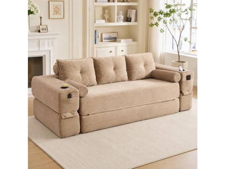 VUENOR Canapé convertible 3 places 232x98 cm beige – velours côtelé porte-gobelet