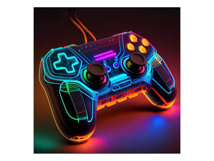 Tableau verre Neon Controller type A Matériau : Verre Motif : Graphique Motif : Jeux & jouets Type de verre : Verre clair Turquoise/Orange/Noir