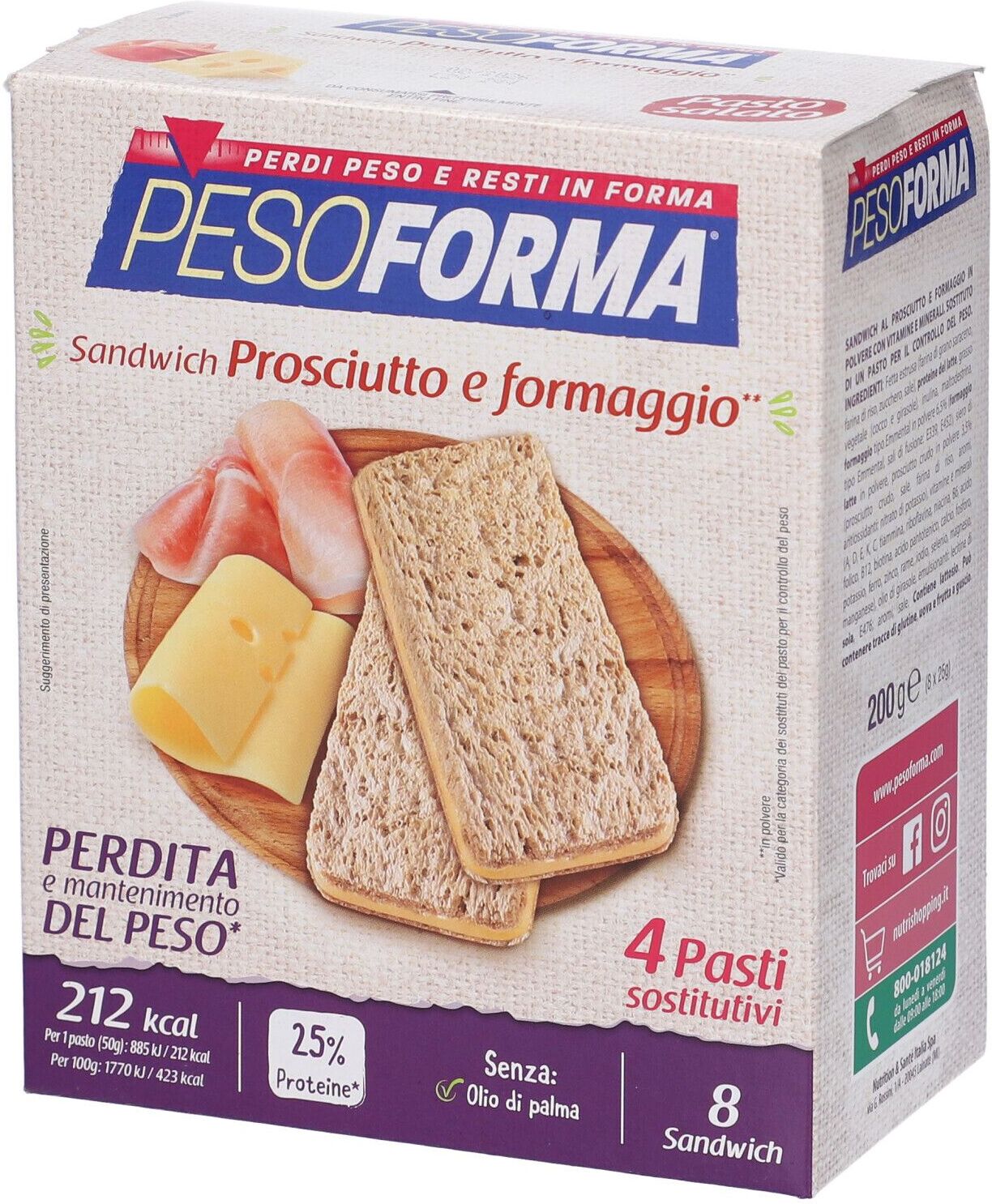 NUTRITION & SANTE' ITALIA SpA Pesoforma, Sandwich Prosciutto e Formaggio, 8 Pezzi