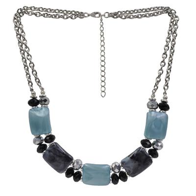 Collierkettchen STEUER "silberfarben doppelreihig, Zierelemente blau schwarz silber", grau, Halsketten, Damen, 45+7cm, Metall, L: 52 B: 20mm, glänzend, B:20mm