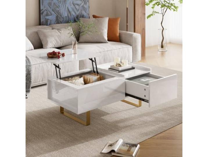 DUlVBPE Höhenverstellbarer Couchtisch, Stauraum-Couchtisch aus MDF mit Hochglanzoberfläche, mit Schublade und Eisenfüßen, moderner Wohnzimmertisch