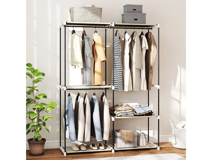 HOMCOM Armoire Ouverte 4 Étagères Tissu 3 Tringles Métal Crème