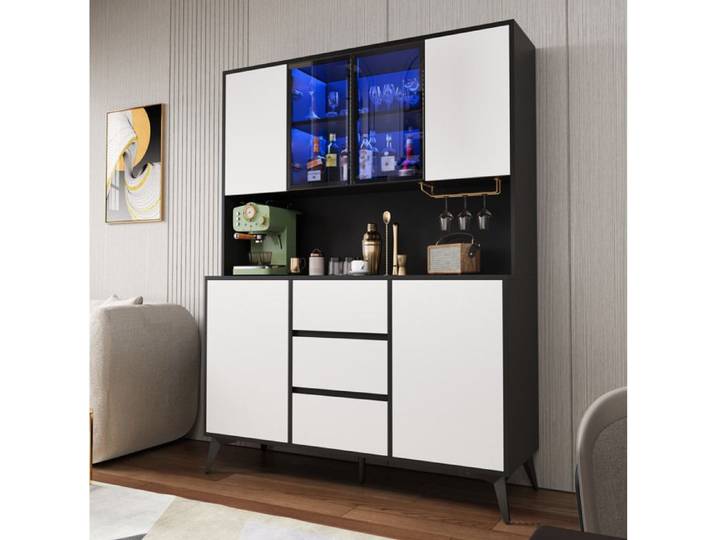 Buffet Haut MDF Noir Blanc Vaisselier Moderne FloraGrace Pour Cuisine LED Réglable Par Appli 120x40x160cm