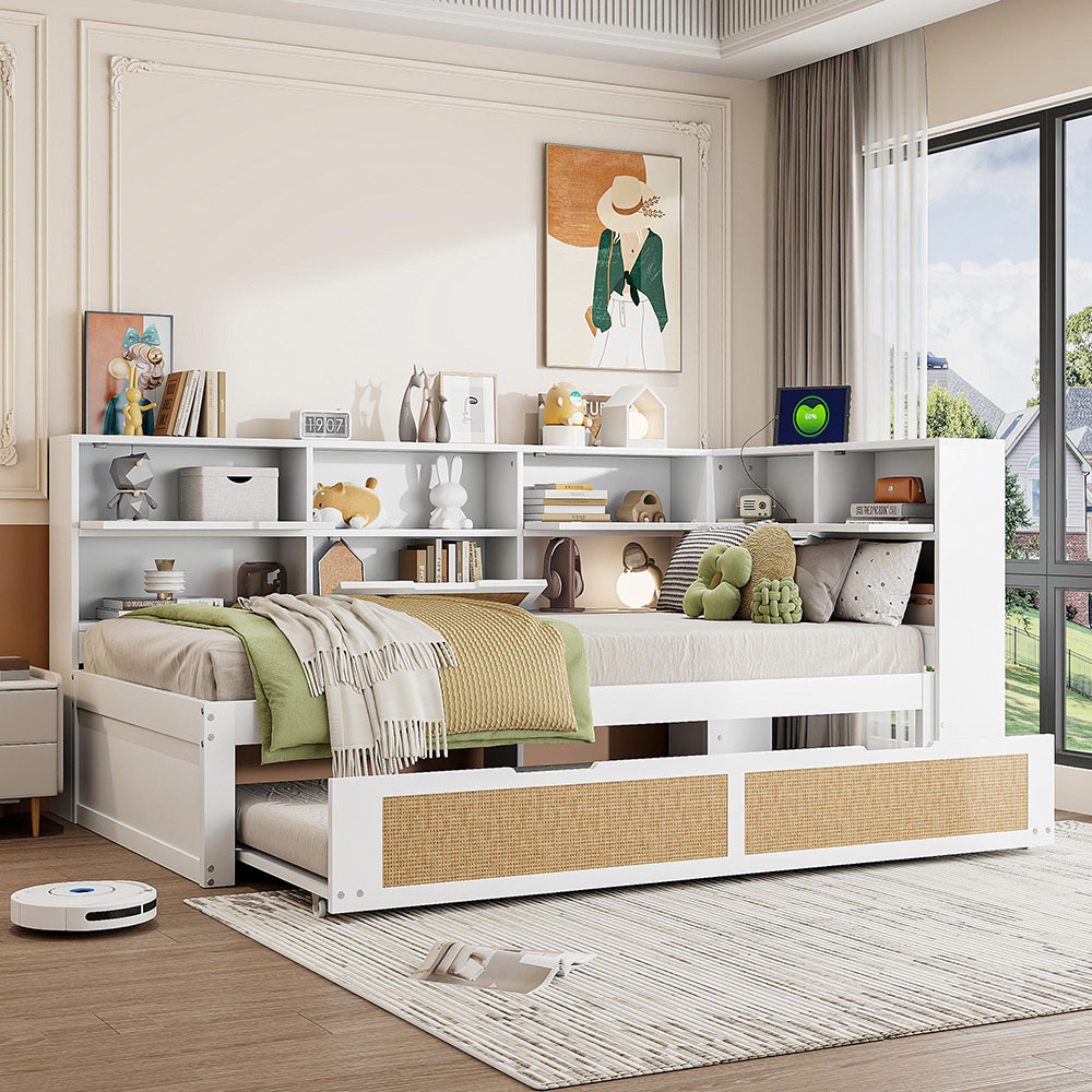 Sweiko Schlafsofa 90x200 mit Ausziehbett Einzelbett Kinderbett mit vielen Staufächern und Ladeanschluss Weiß