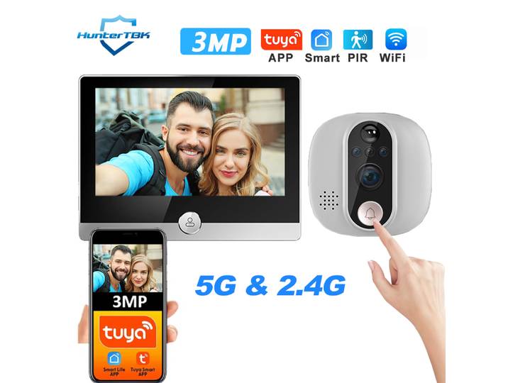 Sonnette de porte intelligente 3MP Smart Life Tuya 1080P WiFi avec caméra de visiophone, batterie 5000mAh, détecteur de mouvement PIR, vision nocturne IR, visionneuse de porte numérique