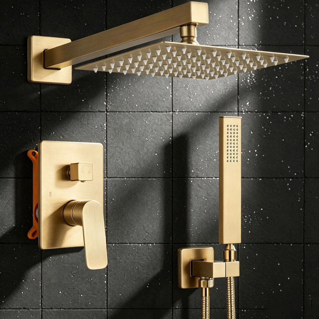 Moverlesenk Concealed Bathroom Shower Mixer Tap Set Square30cm Head Hand Spray Brushed Gold Brushed Gold 30cm H X 30cm W