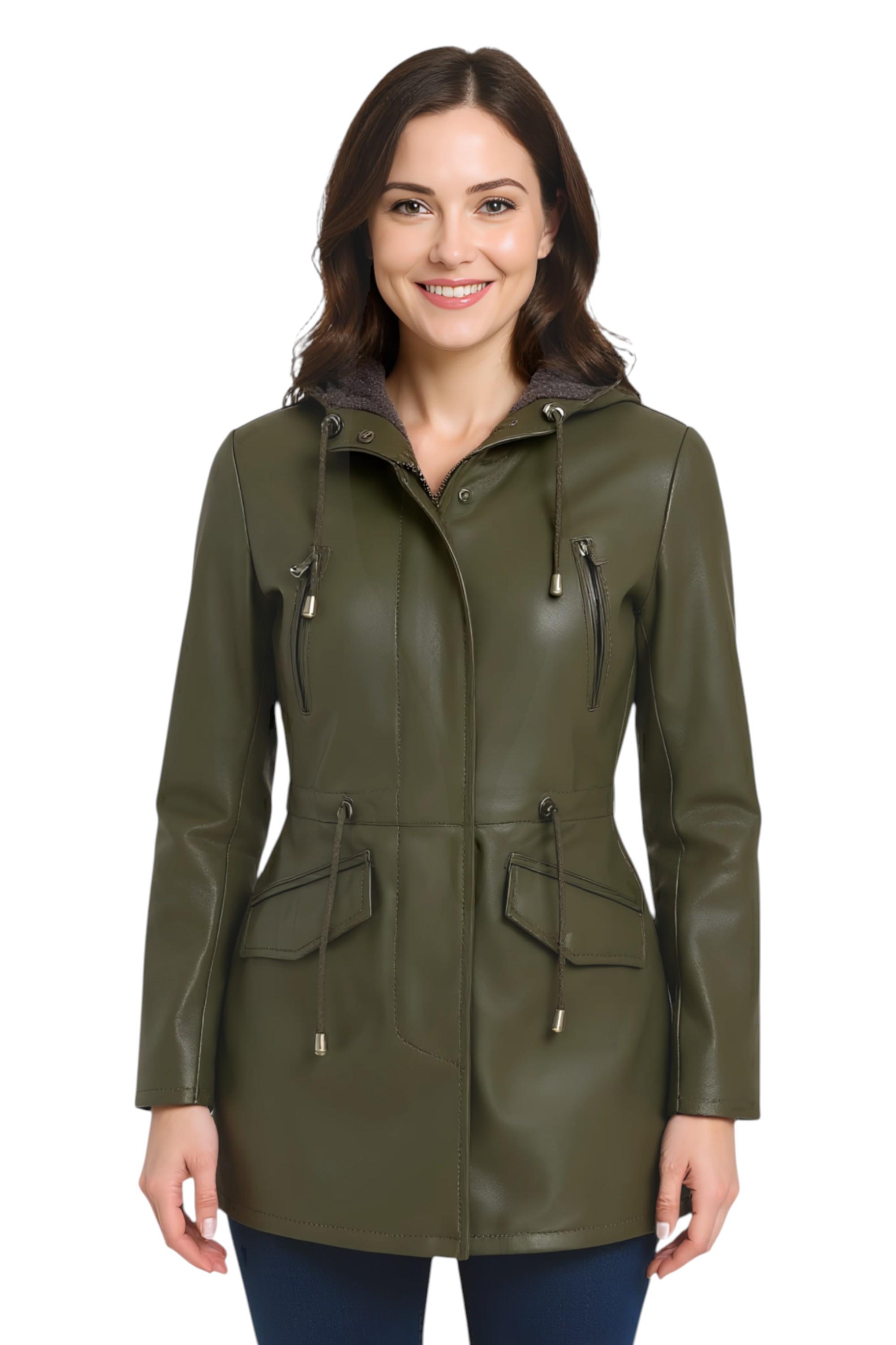 Grüne Parka-Jacke aus Leder mit Kapuze für Damen – Bukarest
