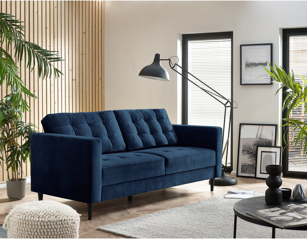 17 Stories Jodi Velvet Sofa - Upholstered Modern Retro Fabric Stylish & Contemporary Navy 3 Seater