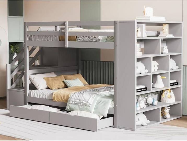 Lit superposé 90x200cm en bois - avec 2 tiroirs & bibliothèque - Gris