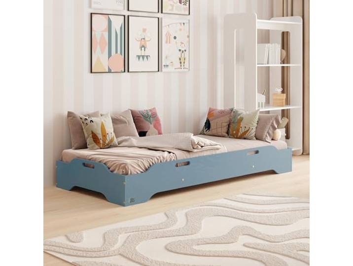 smartwood Stapelbett 90x200 cm mit Lattenrost, aus Holz, Blau, TILA 8 Kinderbett, Belastbar bis 230kg, Kompatibel mit TILA-Serie Betten, FSC-Kiefernsperrholz, abgerundete Kanten, Einfache Montage