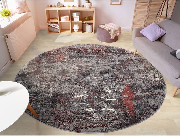Tapis à poils courts Echo Stream rond Gris/Rouge/Gris/Rouge Ø 160cm Tissu mélangé